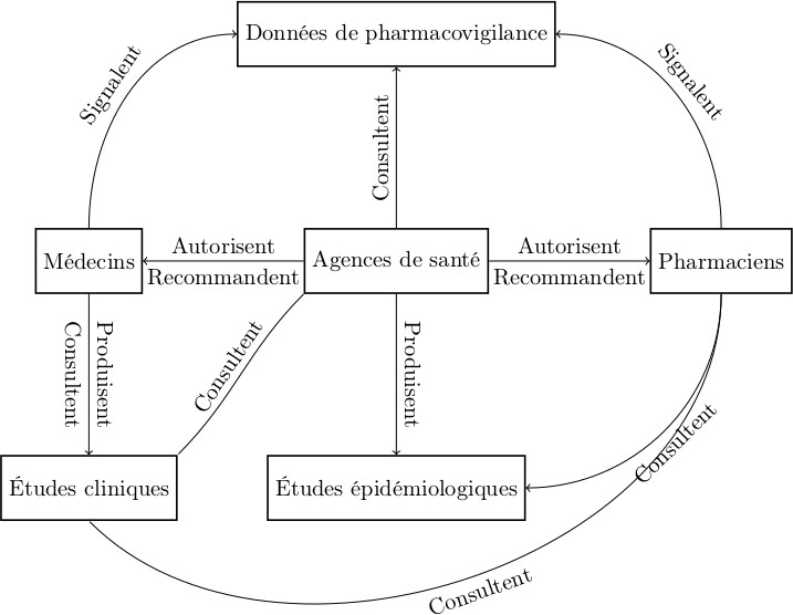 A schema summarizing our initial hypotheses about how actors of pharmacovigilance interacted (doctors, health agencies, pharmacists, pharmacovigilance data, clinical trial and epidemiological studies).